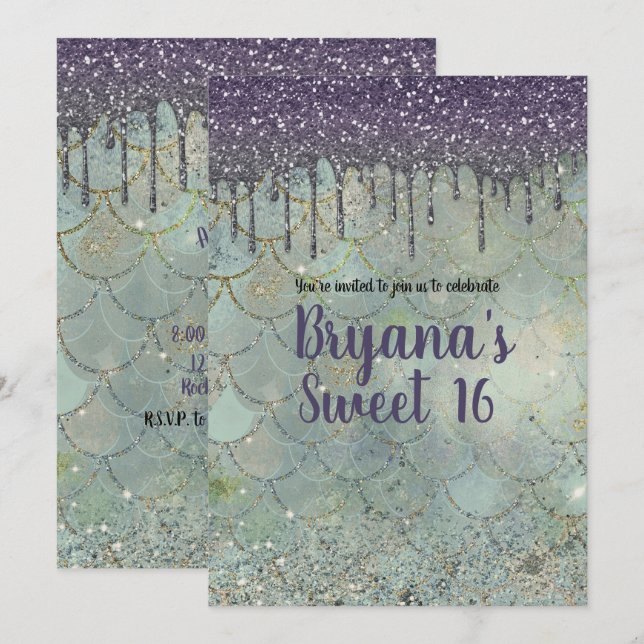 Invitación Fiesta de Dulces 16 de Sirena con Brillo Morado Pl (Anverso / Reverso)