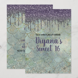 Invitación Fiesta de Dulces 16 de Sirena con Brillo Morado Pl