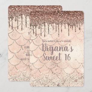 Invitación Fiesta de Dulces 16 de Sirena con Brillo Rosa Melo