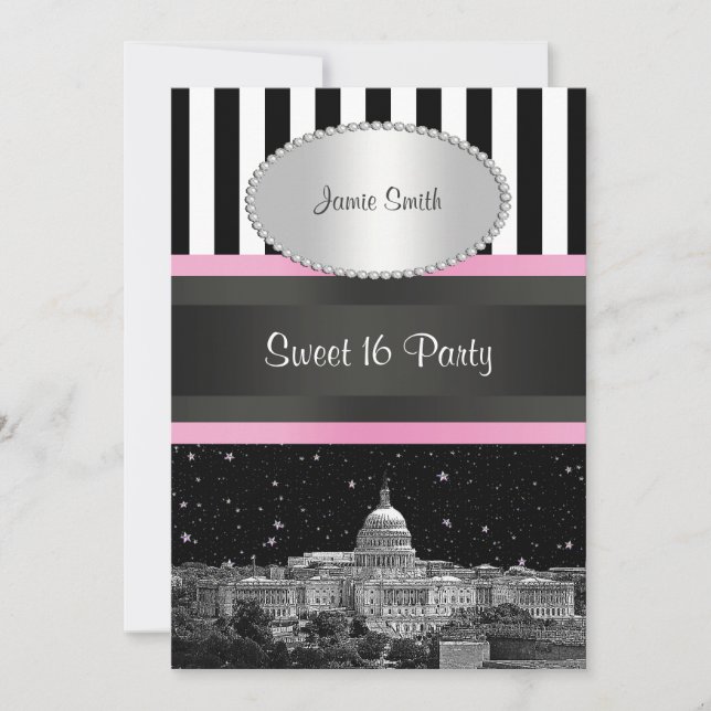 Invitación Fiesta de Dulces 16 de Washington DC Skyline Bk Wh (Anverso)