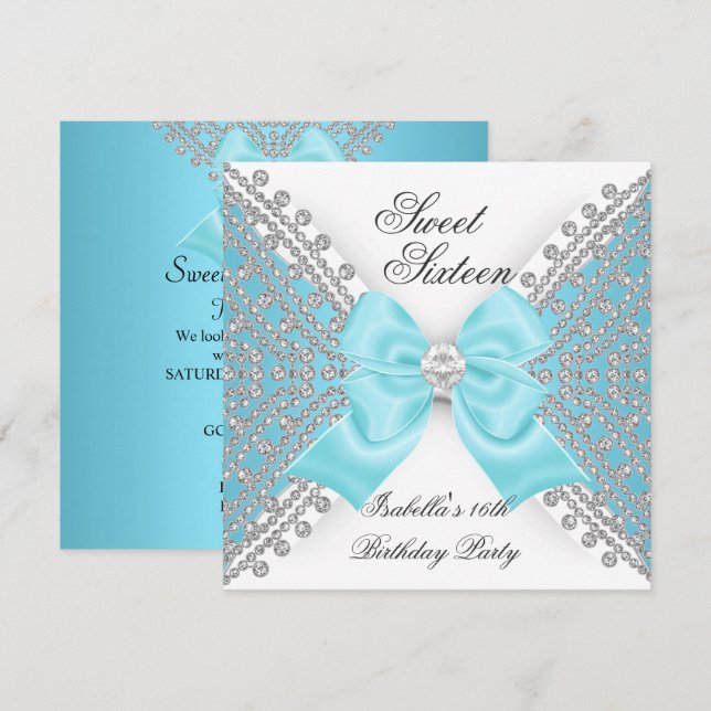 Invitación Fiesta de Dulces 16 Dieciséis Azul Teal Blanco Dia (Anverso / Reverso)