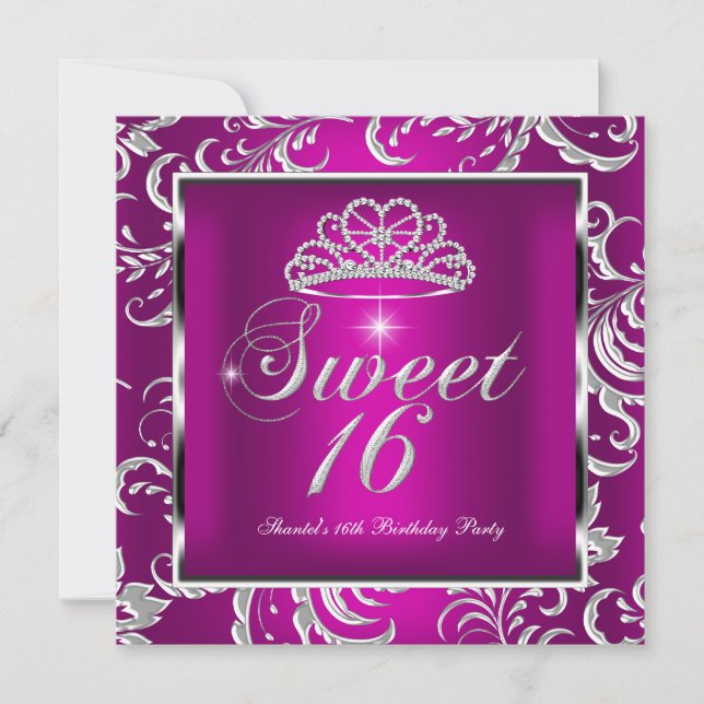 Invitación Fiesta de Dulces 16 Dieciséis Rosa Damask Plata (Anverso)