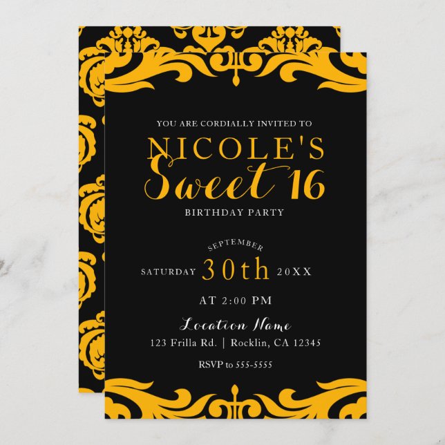 Invitación Fiesta de Dulces 16 Elegante Chic de Damasco Negro (Anverso / Reverso)