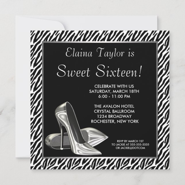 Invitación Fiesta de Dulces 16 Elegante de Cebra en Blanco y  (Anverso)