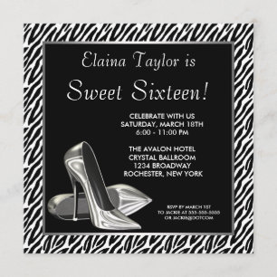 Invitación Fiesta de Dulces 16 Elegante de Cebra en Blanco y 