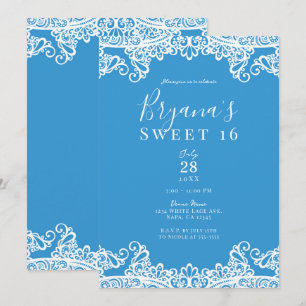 Invitación Fiesta de dulces 16 elegante encaje blanco y azul 