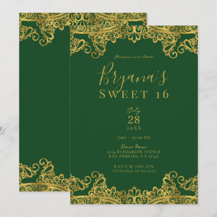 Invitación Fiesta de Dulces 16 Elegante Verde Oscuro y Encaje