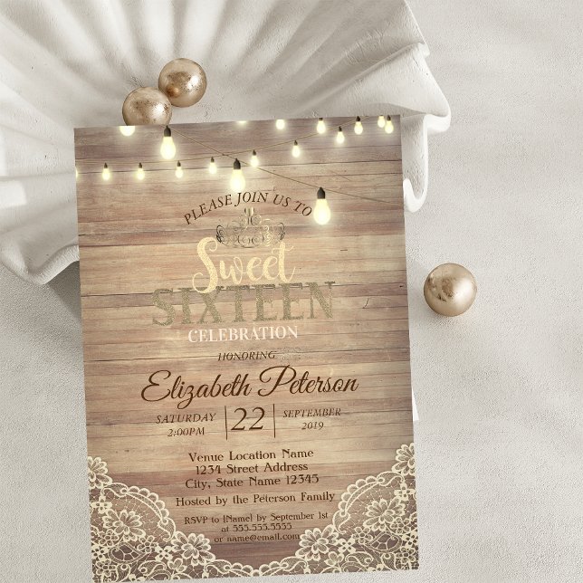 Invitación Fiesta de Dulces 16,Encajes Rústicos,Luces,Tiara (Subido por el creador)