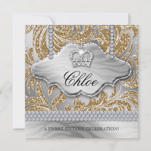 Invitación Fiesta de Dulces 16 Joyas Corona de Oro Hojas (Anverso)