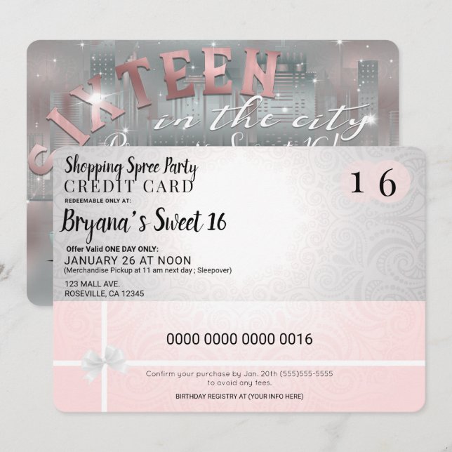 Invitación Fiesta de Dulces 16 Limusina Ciudad Compras Frenes (Anverso / Reverso)