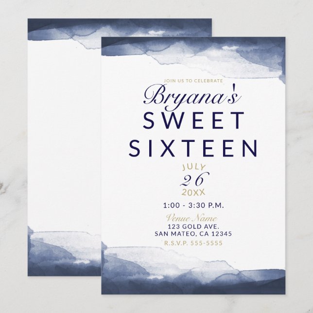 Invitación Fiesta de Dulces 16 Modernos y Elegantes con Acuar (Anverso / Reverso)