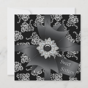 Invitación Fiesta de Dulces 16 Negros de Damasco Negro Blanco