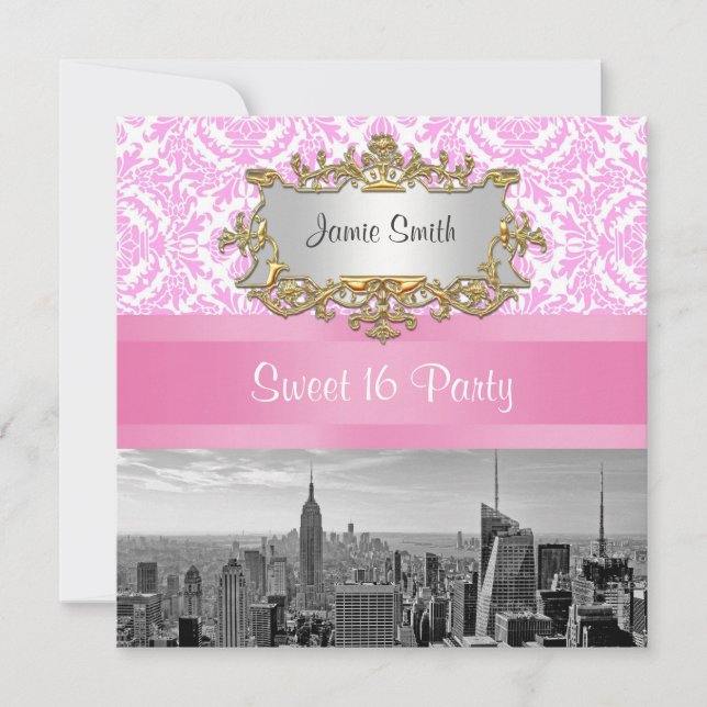 Invitación Fiesta de Dulces 16 NYC Skyline BW D4P Damask Rosa (Anverso)
