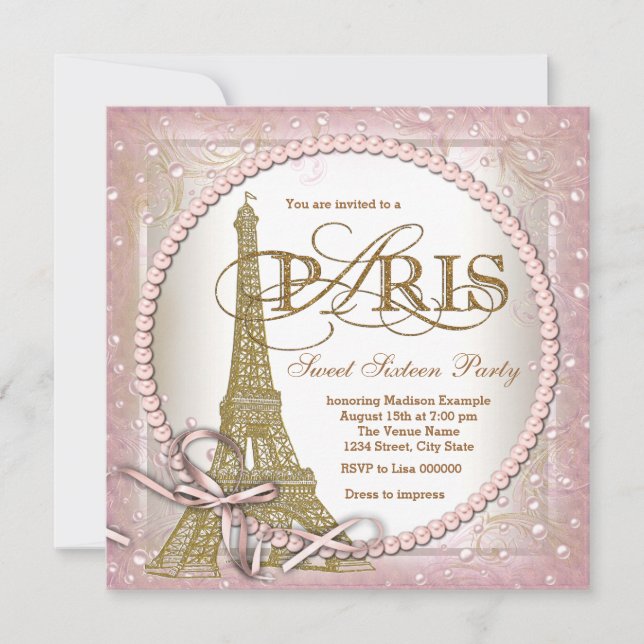 Invitación Fiesta de Dulces 16 París Rosa y Perla Dorada (Anverso)