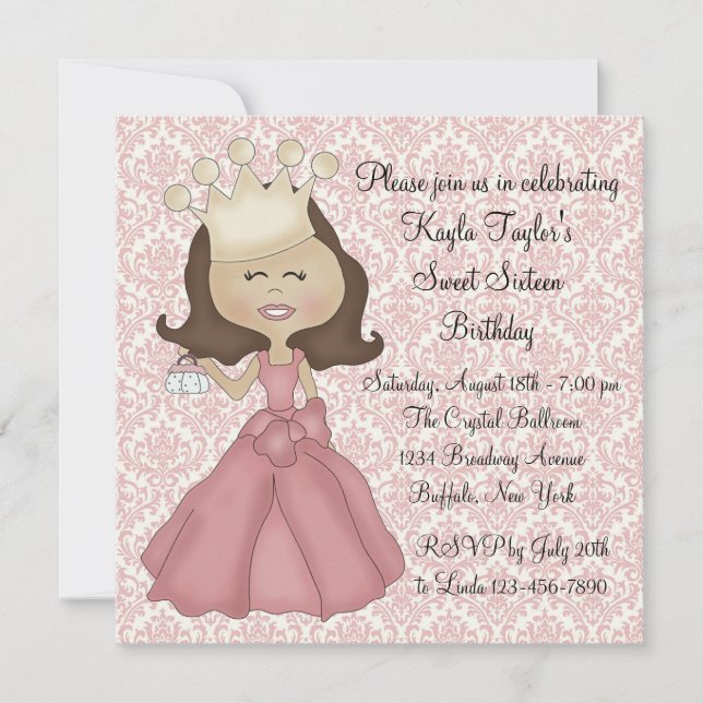 Invitación Fiesta de Dulces 16 Princesa de Damasco Rosa (Anverso)