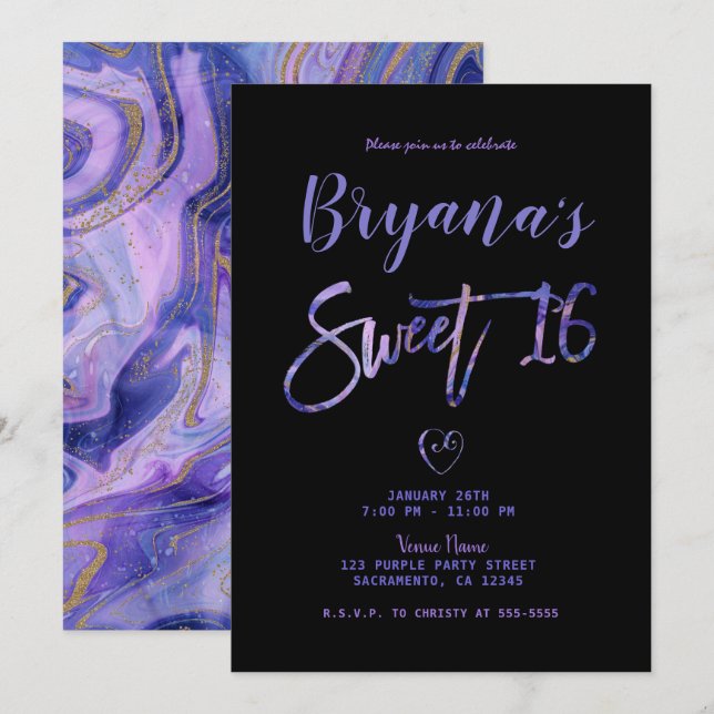 Invitación Fiesta de Dulces 16 Purple Black Gold Marble Chic  (Anverso / Reverso)