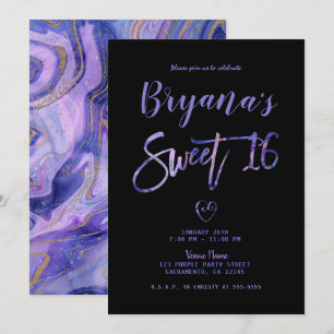 Invitación Fiesta de Dulces 16 Purple Black Gold Marble Chic 