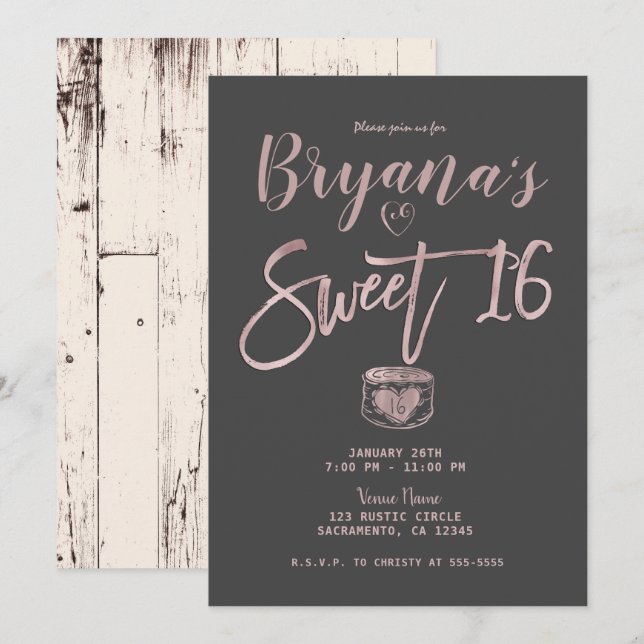 Invitación Fiesta de Dulces 16 Rustica Glam Rosa Dorado Gris (Anverso / Reverso)