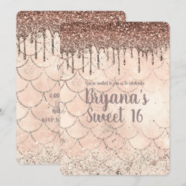Invitación Fiesta de Dulces 16 Sirena con Goteo de Brillo Ros