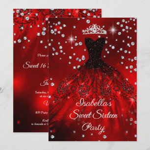 Invitación Fiesta de Dulces 16 Vestido de brillo rojo TIARA