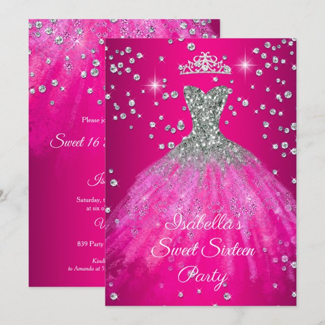 Invitación Fiesta de Dulces 16 Vestido ROSA FUERTE TIARA (Anverso / Reverso)