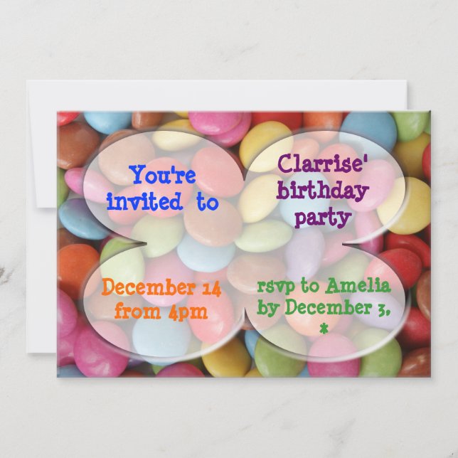 Invitación fiesta de dulces arcoíris (Anverso)