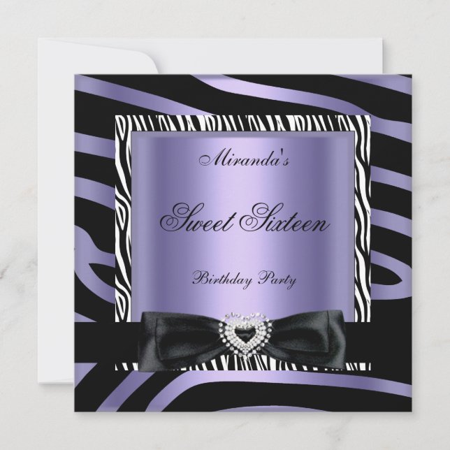 Invitación Fiesta de Dulces Dieciséis 16 Purpura Blanco Cebra (Anverso)