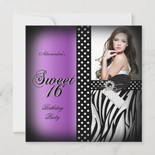 Invitación Fiesta de Dulces Dieciséis 16 Purpura Cebra Mancha