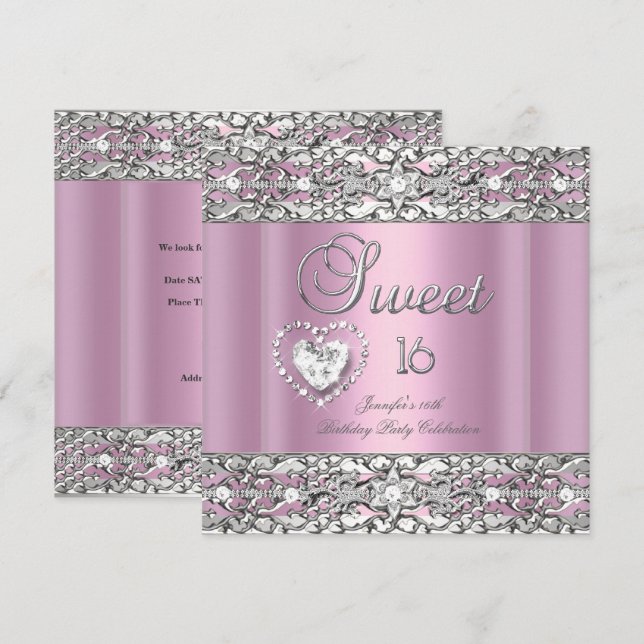 Invitación Fiesta de Dulces Dieciséis 16 Rosa Plata Diamante (Anverso / Reverso)