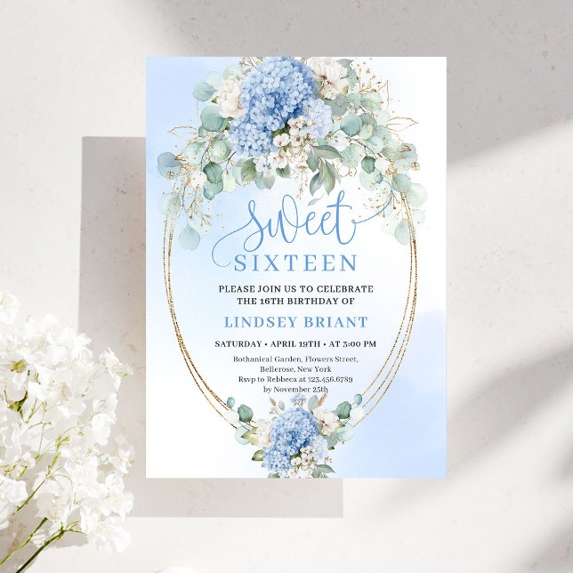 Invitación Fiesta de Dulces Dieciséis Años de Hortensia Azul  (Trendy Blue Hydrangea Gold Sweet Sixteen Party Invite)