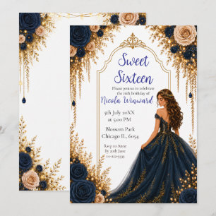 Invitación Fiesta de Dulces Dieciséis Años Naval y Floral Dor