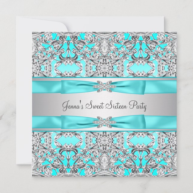 Invitación Fiesta de Dulces Dieciséis Azul Verde Plata (Anverso)