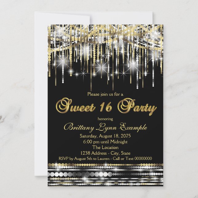 Invitación Fiesta de Dulces Dieciséis Brillante Brillo Negro  (Anverso)