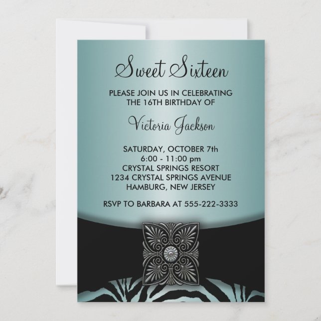 Invitación Fiesta de Dulces Dieciséis Cebra Azul Turquesa Neg (Anverso)