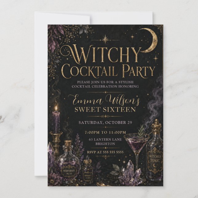 Invitación Fiesta de Dulces Dieciséis Cóctel de Brujas (Anverso)