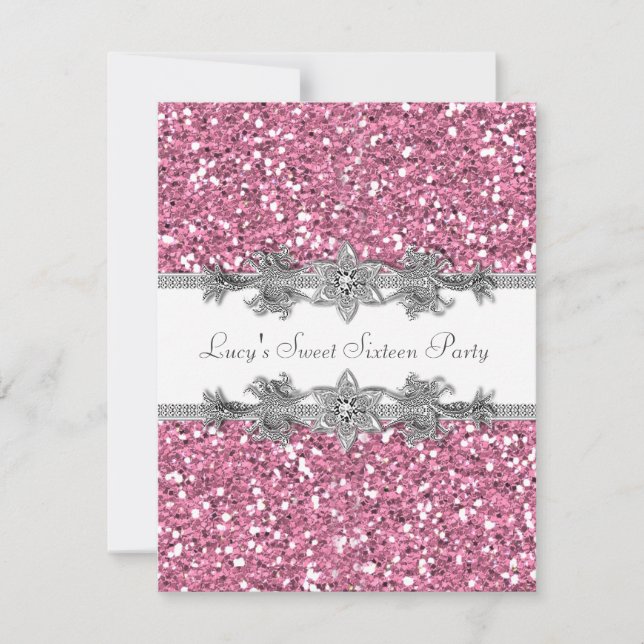 Invitación Fiesta de Dulces Dieciséis con Brillo Rosa (Anverso)