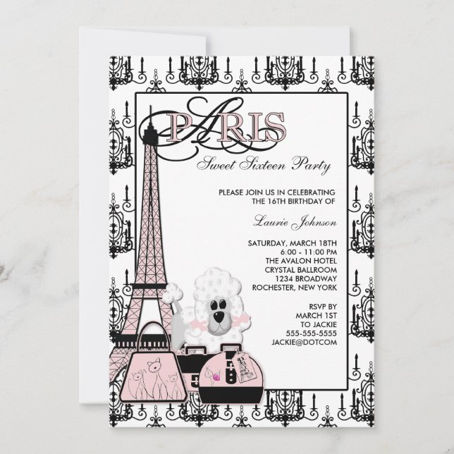 Invitación Fiesta de Dulces Dieciséis con Candil de París Ros (Anverso)