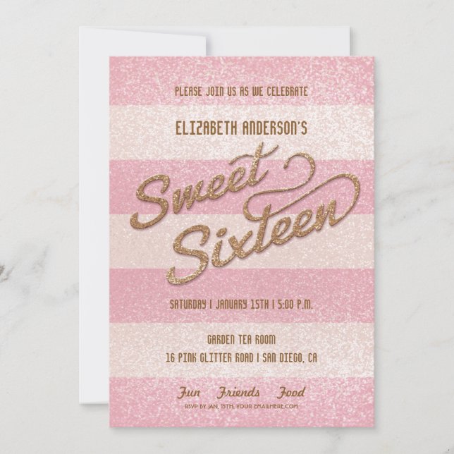 Invitación Fiesta de Dulces Dieciséis con Rayas Rosadas y Bri (Anverso)
