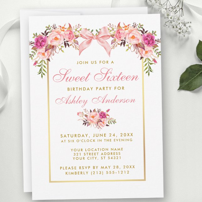 Invitación Fiesta de Dulces Dieciséis con Rosas de Acuarela y (Customize to change text color, text style or to add text to back of card.)