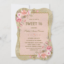 Invitación Fiesta de Dulces Dieciséis con Rubor de Brillo Dor