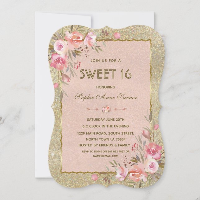 Invitación Fiesta de Dulces Dieciséis con Rubor de Brillo Dor (Anverso)