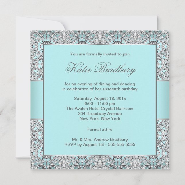 Invitación Fiesta de Dulces Dieciséis de Azul Teal con Encaje (Anverso)