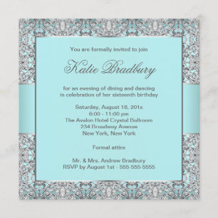 Invitación Fiesta de Dulces Dieciséis de Azul Teal con Encaje