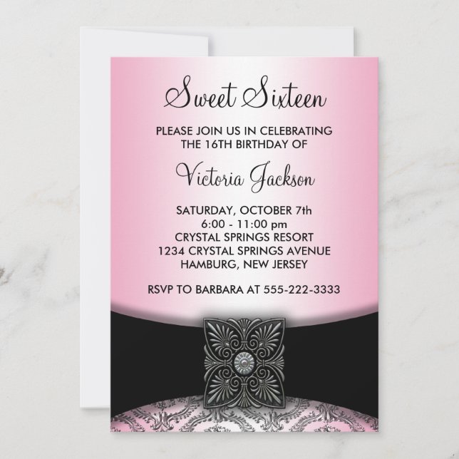 Invitación Fiesta de Dulces Dieciséis de Damasco Negro Rosa (Anverso)