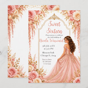Invitación Fiesta de Dulces Dieciséis de Flor de Rosa Rosada 