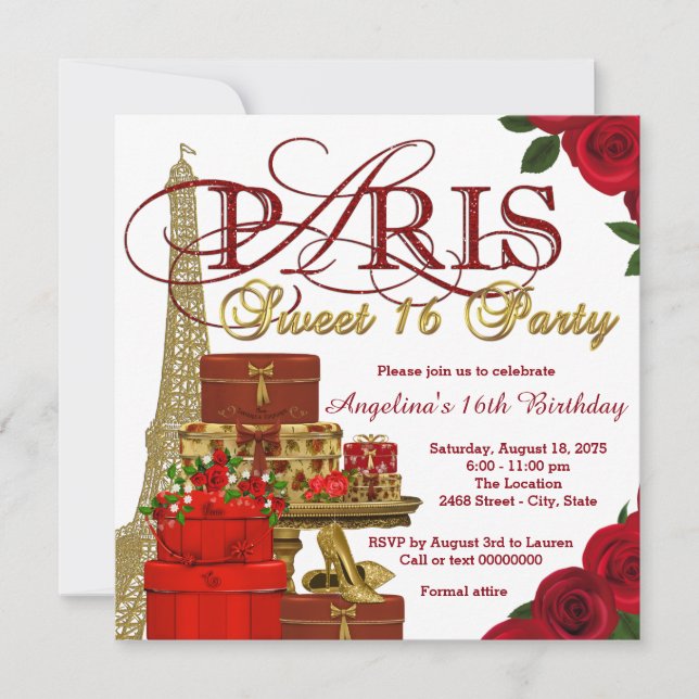 Invitación Fiesta de Dulces Dieciséis de París en Rojo y Dora (Anverso)