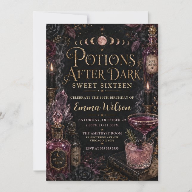 Invitación Fiesta de Dulces Dieciséis de Pociones Después del (Anverso)