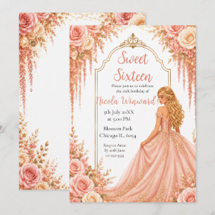 Invitación Fiesta de Dulces Dieciséis de Rosa y Floral Dorado