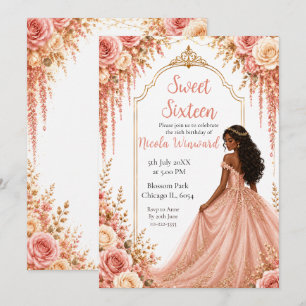 Invitación Fiesta de Dulces Dieciséis de Rosa y Floral Dorado
