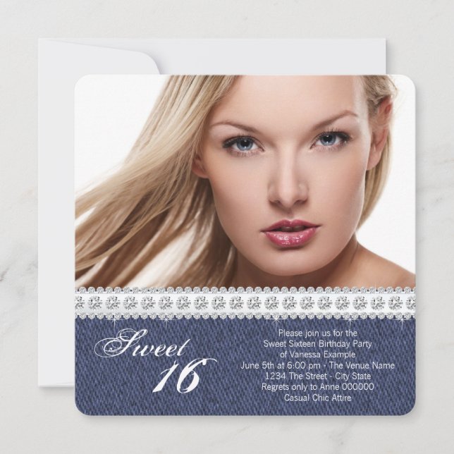 Invitación Fiesta de Dulces Dieciséis Denim y Diamante (Anverso)